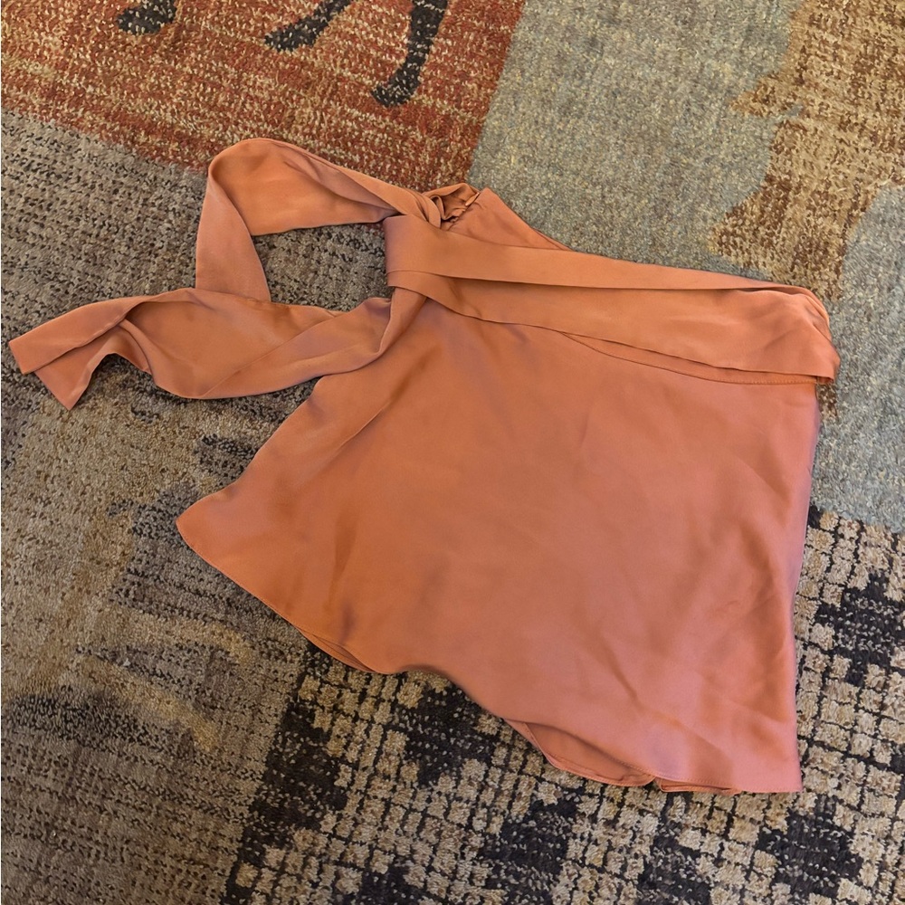 Burnt orange satin miniskirt with asymmetrical tie